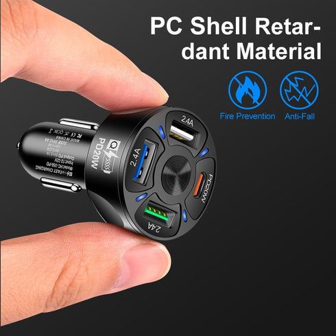 4 Port USB Fast Charging Car Charger, 3 * 2.4 A USB/1 PD20W LED Light, Compatible with iPhone 14 13 12 11 Pro Max,