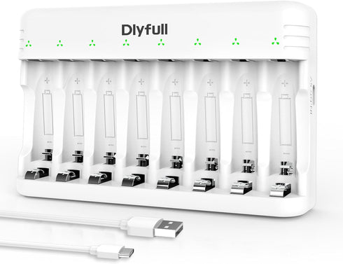 Dlyfull 8 Bay AA AAA Battery Charger with USB-C High-Speed Charging, Independent Slot for 1.2V Ni-MH Ni-CD Rechargeable