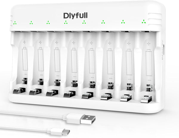 Dlyfull 8 Bay AA AAA Battery Charger with USB-C High-Speed Charging, Independent Slot for 1.2V Ni-MH Ni-CD Rechargeable