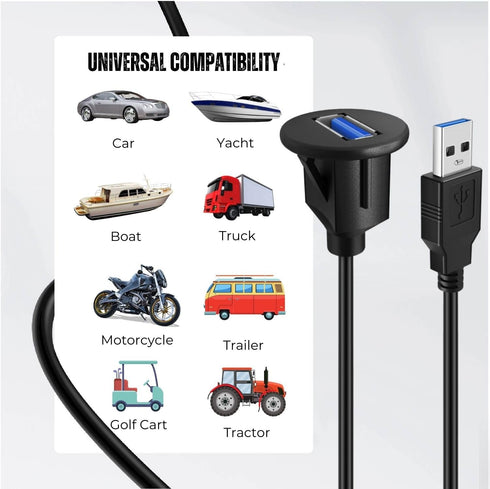 TNP USB 3.0 Flush Mount Cable with Buckle, Dashboard Panel 1 Port USB Socket Plug Connector (1.8M / 6FT)
