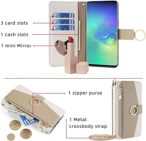 Asuwish Phone Case for Samsung Galaxy S10 Plus Wallet Cover with Screen Protector and Mirror Flip Cover Ring Card Holder Crossbody Strap Stand Cell S10+ S10plus 10S Edge S 10 10plus Women Girls White