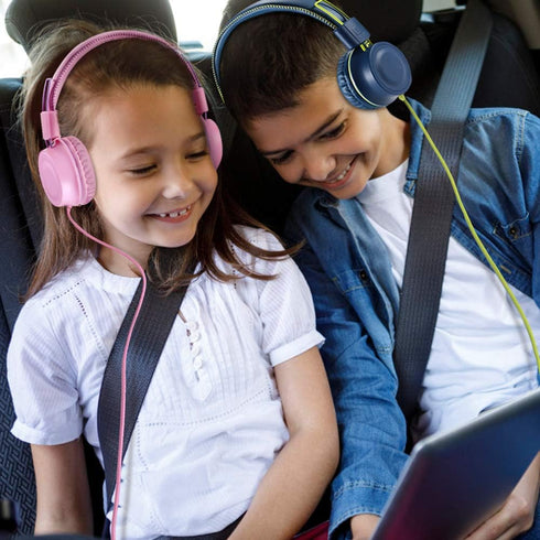 POWMEE M2 Kids Headphones - Foldable, Adjustable, Tangle-Free, 3.5MM Jack, On-Ear, Blue for School, Travel & More.