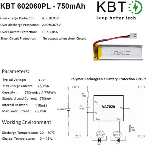 KBT 3.7V 750mAh Li-Polymer Battery: Rechargeable Li-ion Batteries Replacement for Dash Camera, Baby Monitor