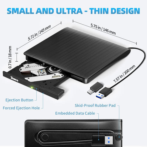 Ziweo 3.0 External USB Type-C CD DVD +/-RW Drive - Portable CD ROM Reader & DVD Burner with Protective Carrying Case