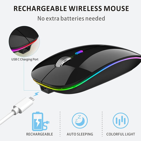 Uiosmuph LED Wireless Silent Mouse, G12 Slim Rechargeable, 2.4G Portable Optical Computer Mice with USB Receiver and