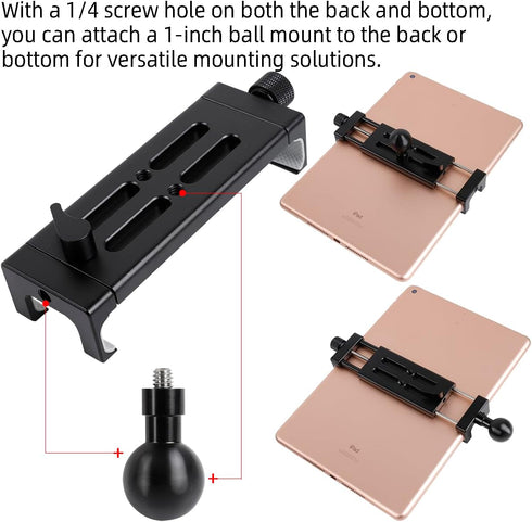 Aluminum Alloy Tablet Holder with 1" Ball Head, 360 Rotatable Tablet Mount for iPad and Other Devices from 4.7"-12.9",