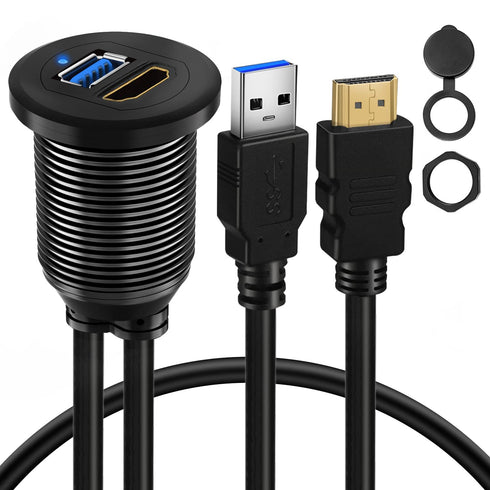BATIGE USB 3.0 HDMI Car Mount Flush USB Port Cable, Alloy Shell Dash Panel Extension Cable with LED Indicator, 3ft