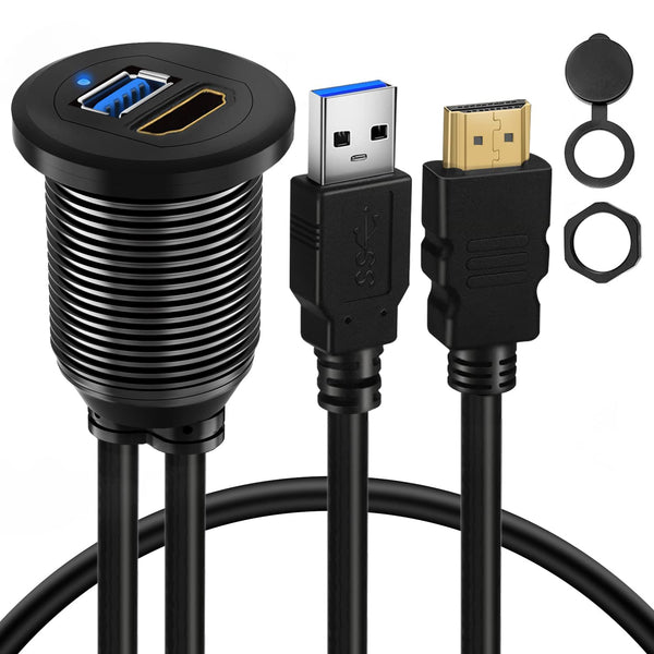 BATIGE USB 3.0 HDMI Car Mount Flush USB Port Cable, Alloy Shell Dash Panel Extension Cable with LED Indicator, 3ft