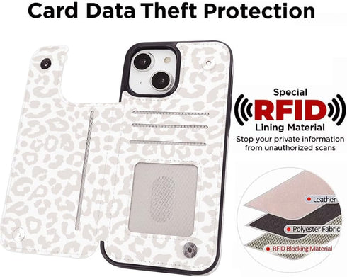 uCOLOR Wallet Case for iPhone 15 Plus 6.7", Card Holder Slot, PU Leather Flip Cover with RFID Blocking (Beige Leopard)