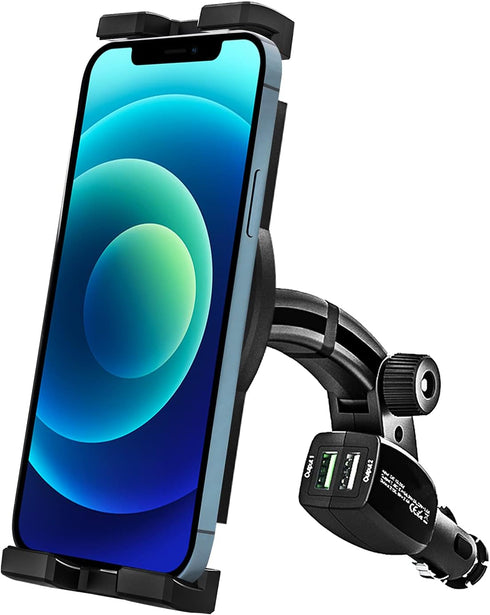 Cigarette Lighter Car Phone Mount with Dual USB Charger, Fast Charging Holder for iPhone 15 Pro Max, Samsung Galaxy