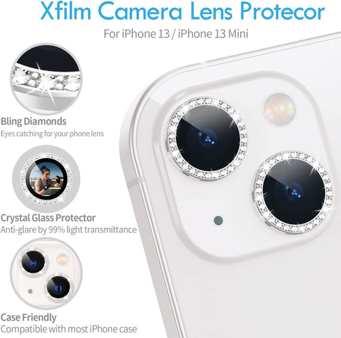 Xfilm Bling Diamond iPhone 13/13 Mini, HD Clear Tempered Glass Camera Lens Protection Cover, Scratch Proof