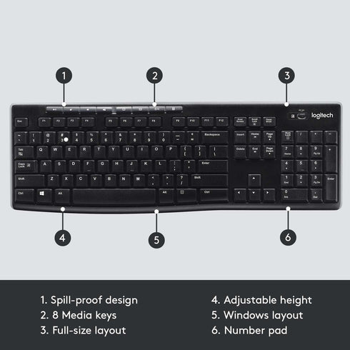 Logitech K270 Wireless Keyboard for Windows, Full-Size 2.4 GHz with Number Pad and 8 Multimedia Keys (Black)