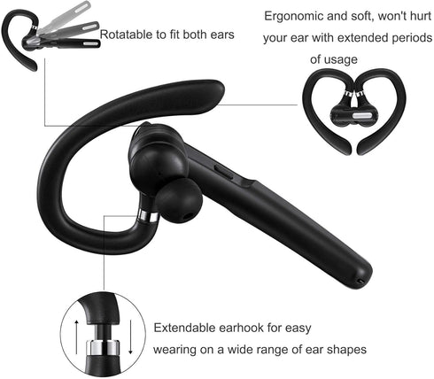 Generic Headset, Headset Bluetooth Bluetooth Earpiece with Noise-Reducing Mic, Wireless Hands-Free for Phone Calls