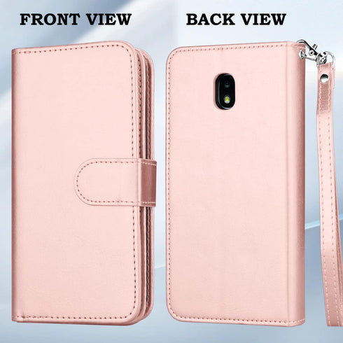 Takfox Galaxy J3 2018 Leather Wallet Case, Flip Folio with 9 Card Holder and Detachable Strap in Rose Gold