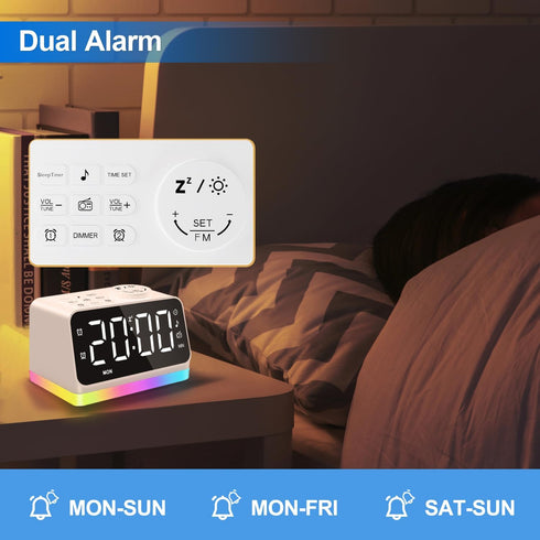 8 JALL Digital Alarm Clock with FM Radio for Bedroom, Colors Night Light with Charging Port, Sleep Sound Machines