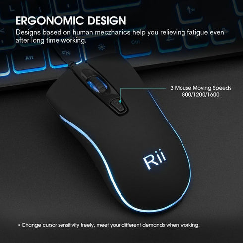 Rii Wired Keyboard and Mouse Combo, Three Colors Backlit, Quiet Input Gaming Set for School and Office