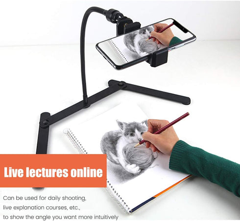 Ajustable Tripod with Cellphone Holder, Overhead Phone Mount, Table Top Teaching Online Stand for Live Streaming and Online Video and Food Crafting Demo Drawing Sketching Recording