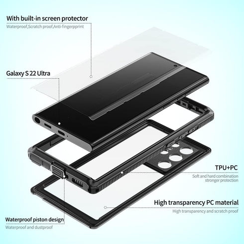 Designed for Galaxy S22 Ultra, Waterproof Case with Built-in Screen Protector, Full Body Shockproof Rugged Black