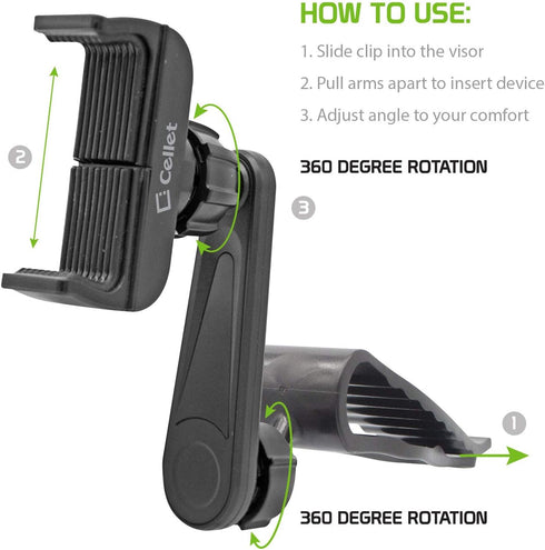 Cellet Sun Visor Phone Mount with 360 Degree Rotation, Compatible with iPhone 12 Pro Max, Samsung Galaxy S20 Ultra, and
