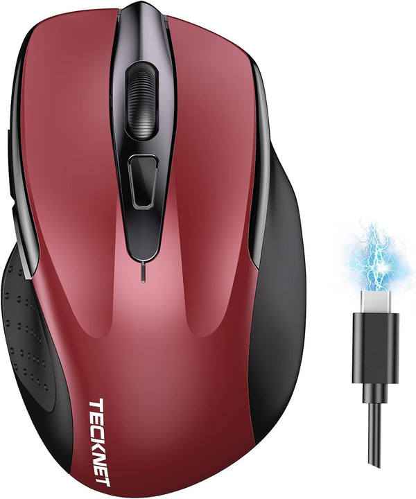TECKNET Wireless Mouse (BT5.0/3.0 & 2.4G), Rechargeable 4800 DPI Silent Mouse, 8 Buttons Bluetooth Mouse, USB A - Red