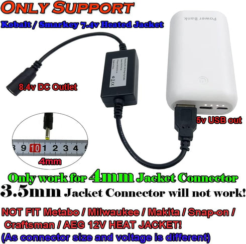 Heated Jacket Battery Step-Up Charger Cable for Heated Jackets, Hoodies, and Vests (5v USB to 8.4v 12W)