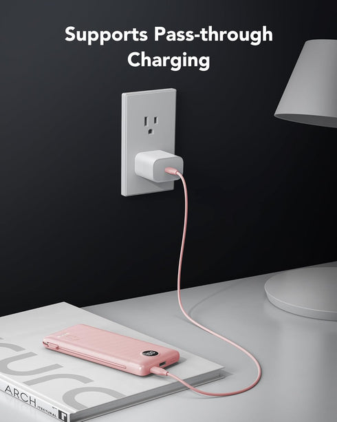 VRURC Portable Charger Power Bank with Wall Plug, 10000mAh with Built-in Cables, PD 20W Fast Charging