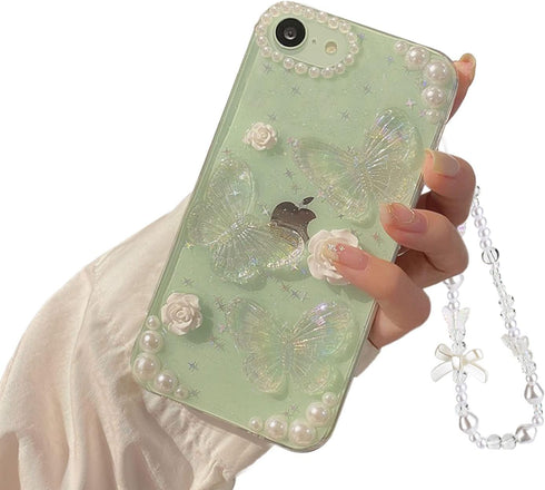Fycyko 3D Butterfly Floral Clear Phone Case for iPhone 7/8/SE - Cute, Sparkly, Protective Cover with Chain for Girls.