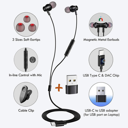 CGS-W1A USB Earbuds with USB-A to C Adapter, Clear Mic, Deep Bass, Compatible with Samsung, Laptops, Mac.
