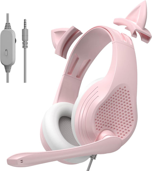 Pink Cat Ears Gaming Headset with Microphone for PS4 Xbox One PS5 Controller, Over Ear Wired Headphones with Mic for PC Computer Mac Laptop and Consoles