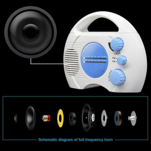 Portable AM/FM Shower Radio, Waterproof Hanging Radio with Built-in Speaker (Blue+White)