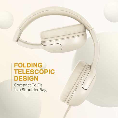 LORELEI E5 Foldable Wired Headphones for Kids - Tangle-Free 3.5mm Jack Stereo On-Ear Headsets (Beige White)