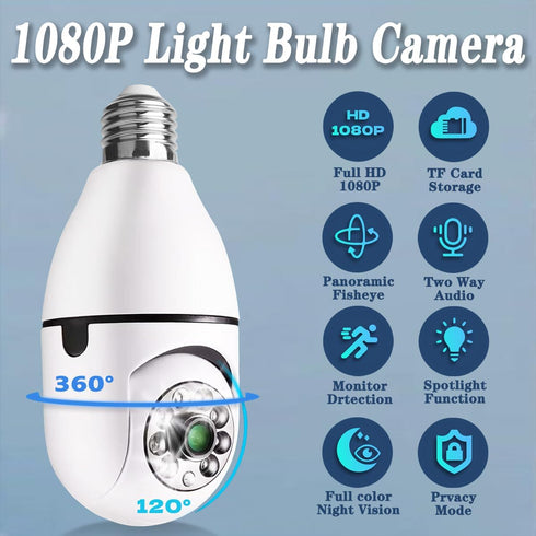 Light Bulb Security Camera, 1080P Wireless for Pet, 360° PTZ Light Socket with Motion Detection Auto Tracking (2Pack)