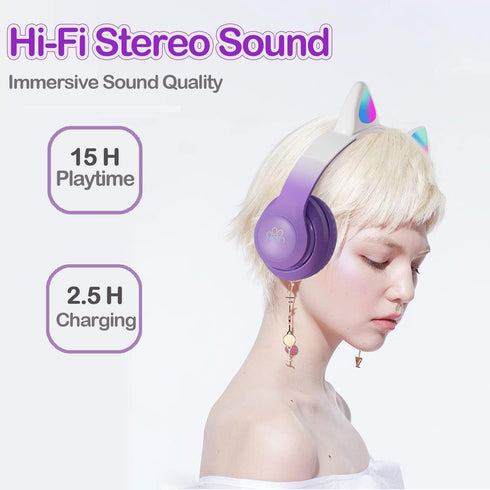 Kids Bluetooth Headphones, Wireless Over-Ear Headphones with Microphone, Cat Ear Design for Girls, Purple