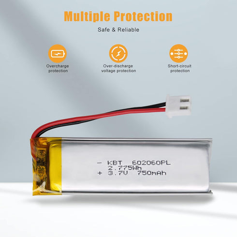 KBT 3.7V 750mAh Li-Polymer Battery: Rechargeable Li-ion Batteries Replacement for Dash Camera, Baby Monitor