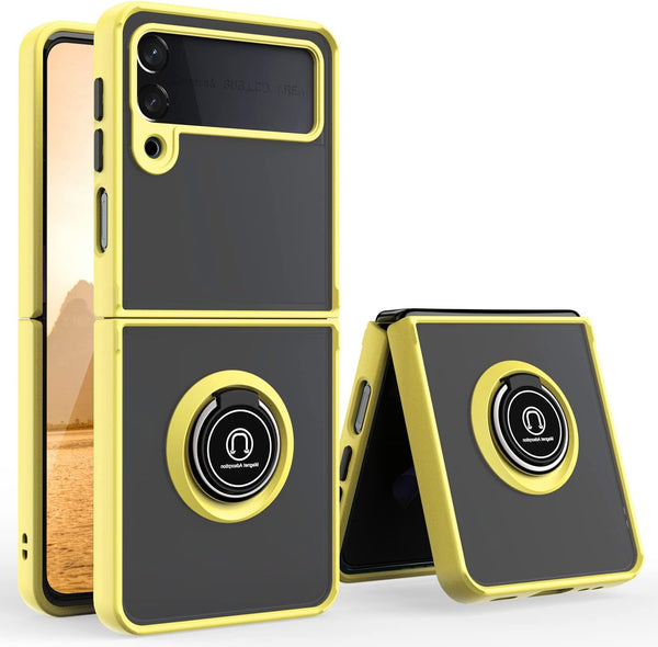 TJS Case for Samsung Galaxy Z Flip 3 5G, Metal Ring Kickstand, Magnetic Support, Drop Protective Cover (Yellow)