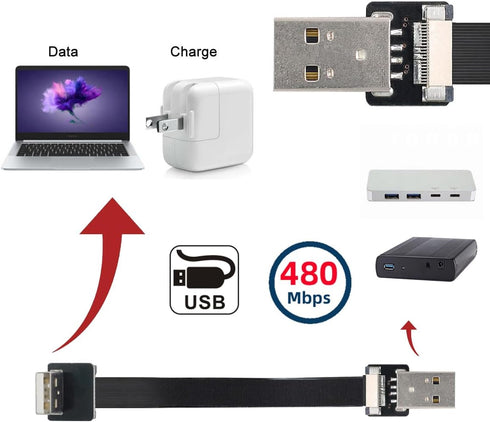 cablecc USB 2.0 Type-A Male to Male Data Flat Slim FPC Cable Down Angled 90 Degree for FPV, Disk, Scanner & Printer 20CM