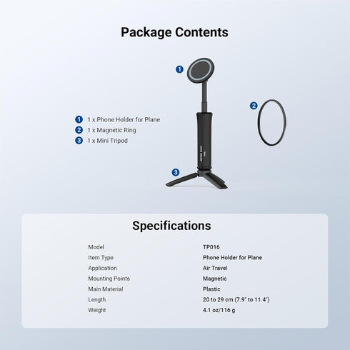 NEEWER TP016 Airplane Phone Holder, Magnetic Smartphone Desk Mount Tripod Stand Handheld Selfie Stick Plane Gadget