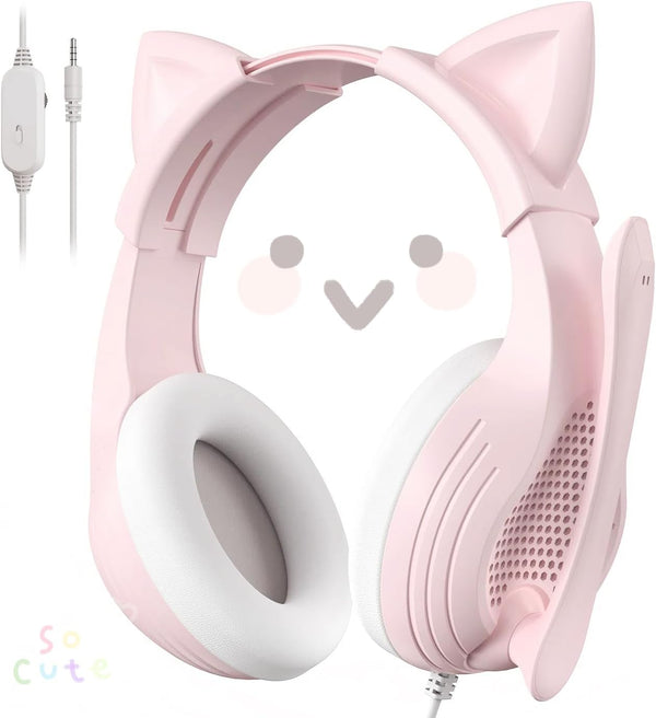 Pink Cat Ears Gaming Headset - Over Ear Wired Headphones with Microphone for PS4 Xbox One PS5 Controller, for PC