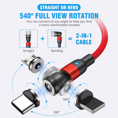 Magnetic Charging Cable Red(4 Pack 10ft+10ft+10ft+10ft), 540°Degree Rotation Magnetic USB Cable, Nylon Braided Magnetic Phone Charger, Charging Cable for Type C, Micro USB