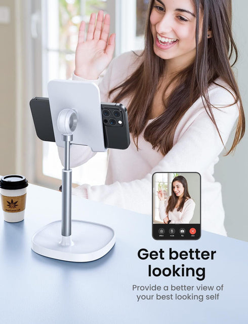 LISEN White Desk Organizers and Accessories, Adjustable Cell Phone Stand for 4-10in iPhone 13 Pro iPad Kindle Samsung