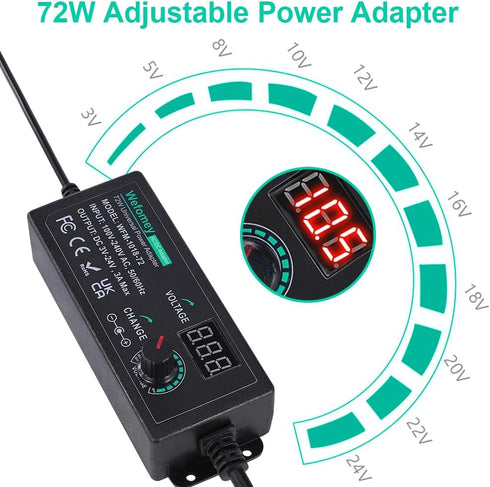 Universal Power Supply 3V~24V 3A 72W Adjustable AC/DC Adapter Charger, 100V-240V AC to DC Converter with 14 Tips