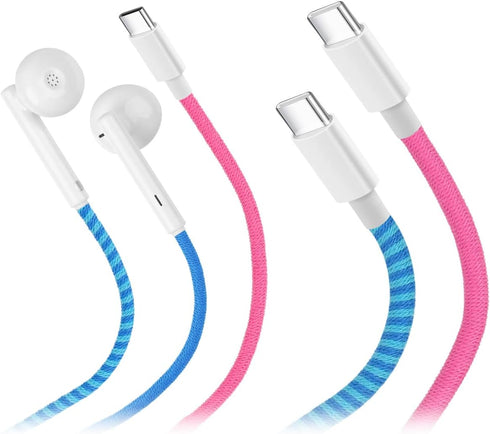 URIZONS 2-Pack Braided USB C Earphones with Mic + USB C to USB C PD Charging Cables, Colorful Earbuds
