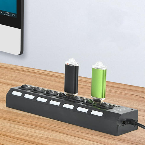 7-Port USB Hub, Black with ON/Off Switch