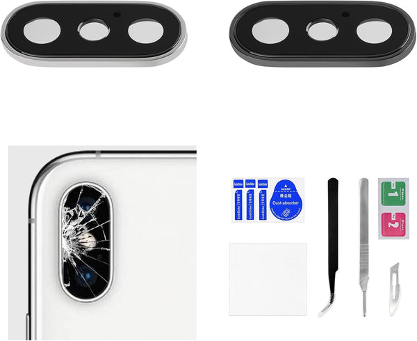 2 Sets for iPhone X Back Camera Lens Replacement with Metal Frame for iPhone 10 Space Gray Silver Color HD Tempered Rear Camera Lens Cover with Repair Fix Tool Kit Tweezers A1865 A1901 A1902