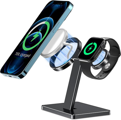 EWA 2 in 1 Magsafe Charger Stand, Aluminum Alloy Phone Holder for iPhone and Apple Watch (Black)