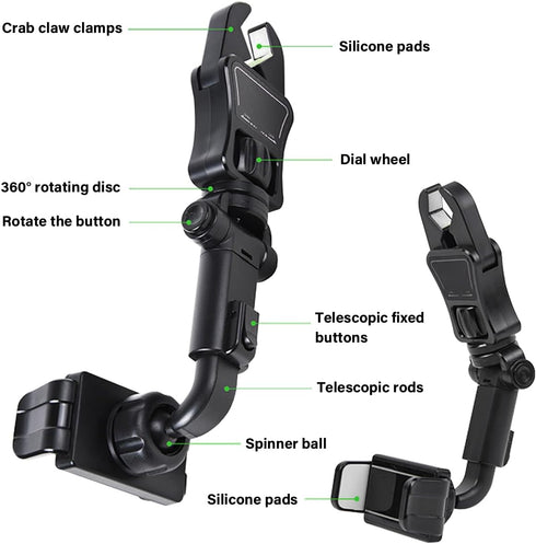 Car Rear View Mirror Phone Holder, 360° Rotating Mount, ABS Multi-Functional Adjustable Cellphone Holder for All