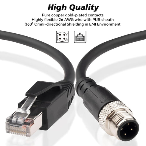 M12 to RJ45 Industrial Ethernet Cable: Automation Systems Interconnect, Cat5e SFTP 2M/6.6Ft