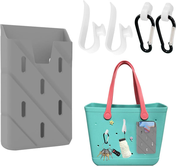 Silicone Phone Holder for Bogg Bags, Gray with 2 Hooks & 2 Carabiners, Soft Insert Case Cell Phone Holder for Tote Bag