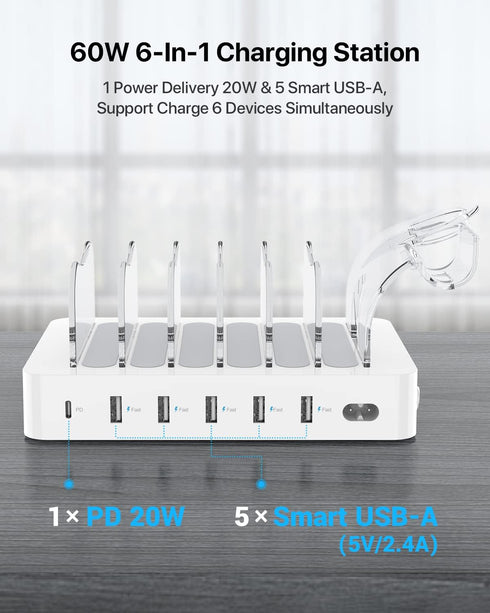 SooPii 60W 6-Port Charging Station for Multiple Devices, PD 20W USB C Fast Charging, 6 Short Cables