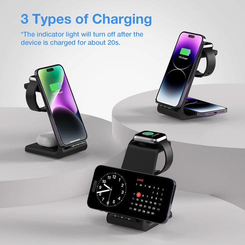Earteana 3 in 1 Charger Station for iPhone, Fast Wireless Charging Dock for Apple Watch and Airpods, Dark Black